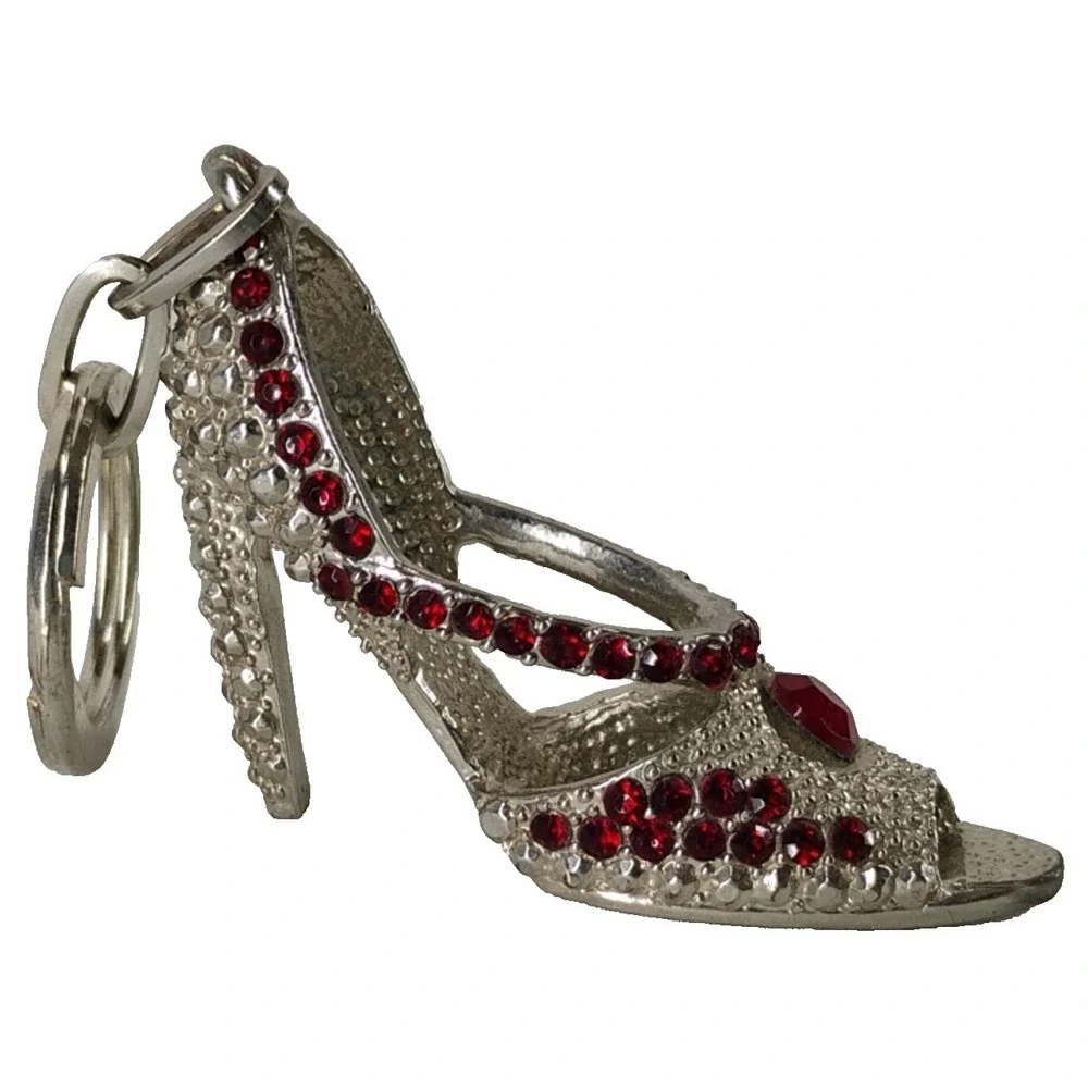 Red Rhinestone Silver Tone Metal High Heel Shoe Shoes Keychain‎ Purse Charm